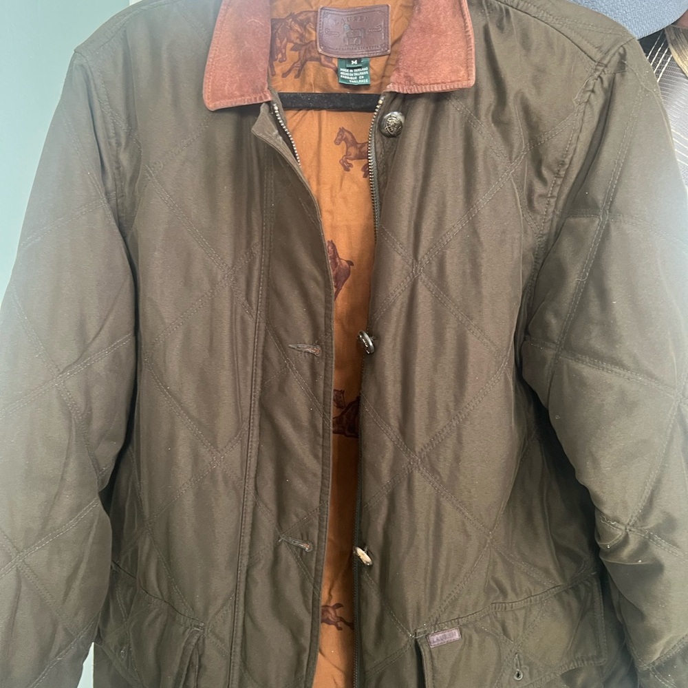 Ralph Lauren Olive Quilted Jacket with leather Brown Collar